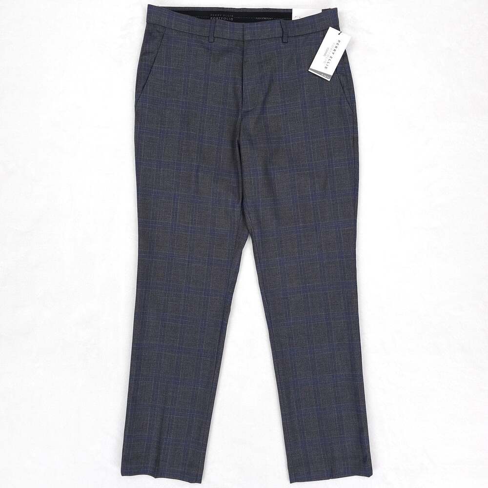 Perry Ellis Mens Slim Fit Dress Pants 36x32 Charcoal Grey Blue Plaid Stretch NWT
